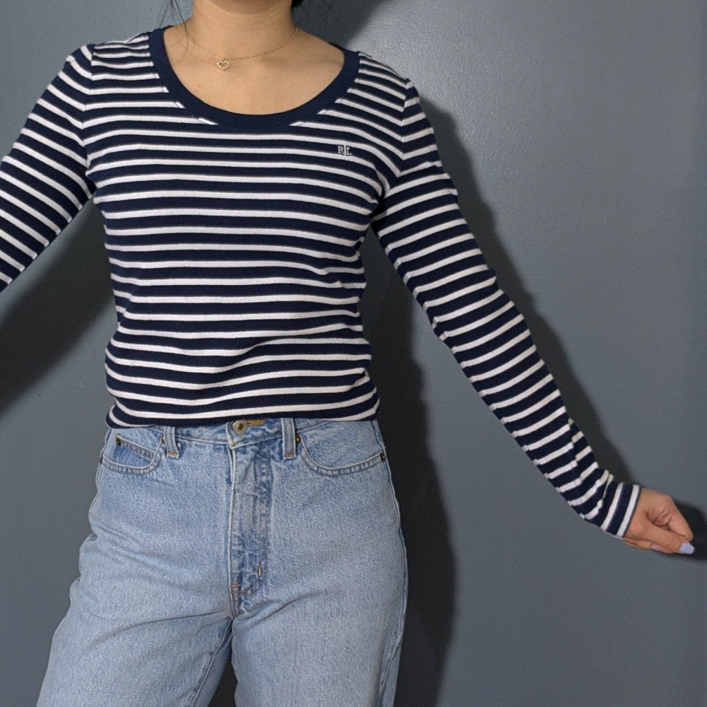 Lauren Ralph Lauren crewneck long sleeve striped tee navy blue and white Small